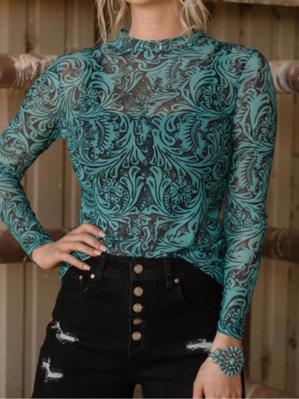 Sterling Kreek Tooled in Turquoise Mesh Long Sleeve Top